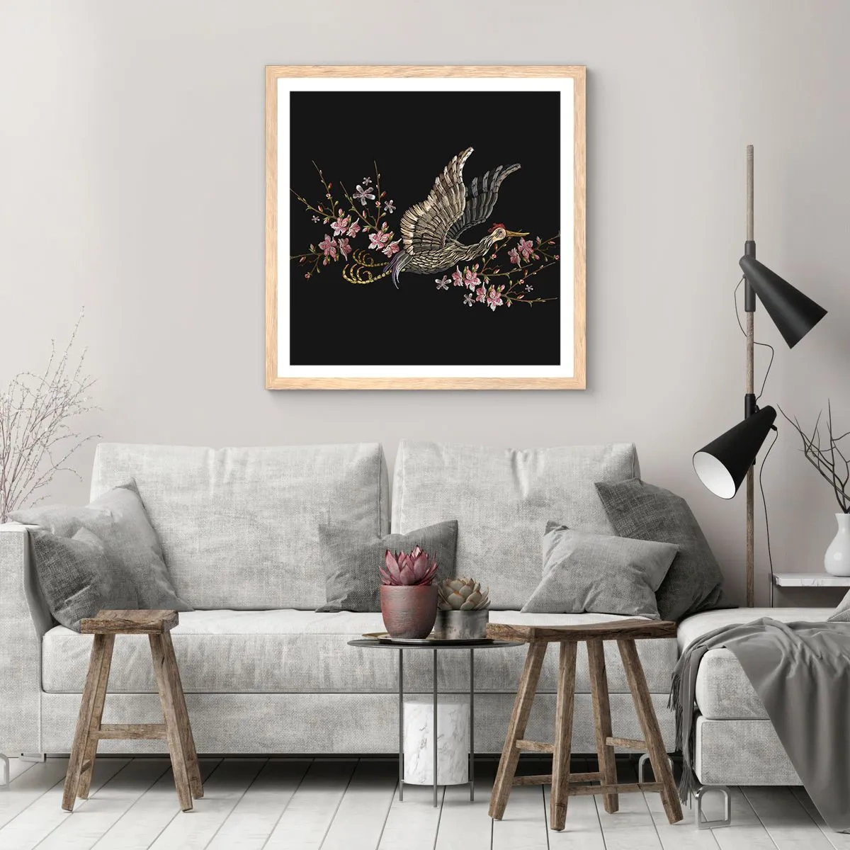 Poster in cornice rovere chiaro - Uccello esotico ricamato - 60x60 cm