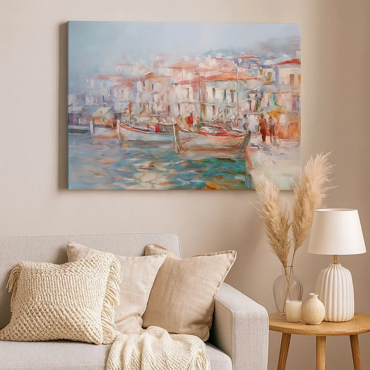 Quadro su tela - Stampe su Tela - Impressione del porto con barche ed edifici - 70x50cm - Vacanze in pastello - Decorazione murale moderna per soggiorno e camera da letto ARTTOR