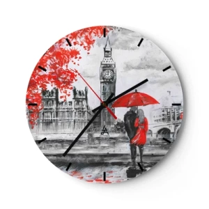 Orologio da parete - Orologio in Vetro - Una coppia sotto un ombrello rosso con il Big Ben e il Parlamento sullo sfondo. - 30x30cm - Innamorati a Londra - Decorazione murale moderna per soggiorno, cucina e camera da letto ARTTOR