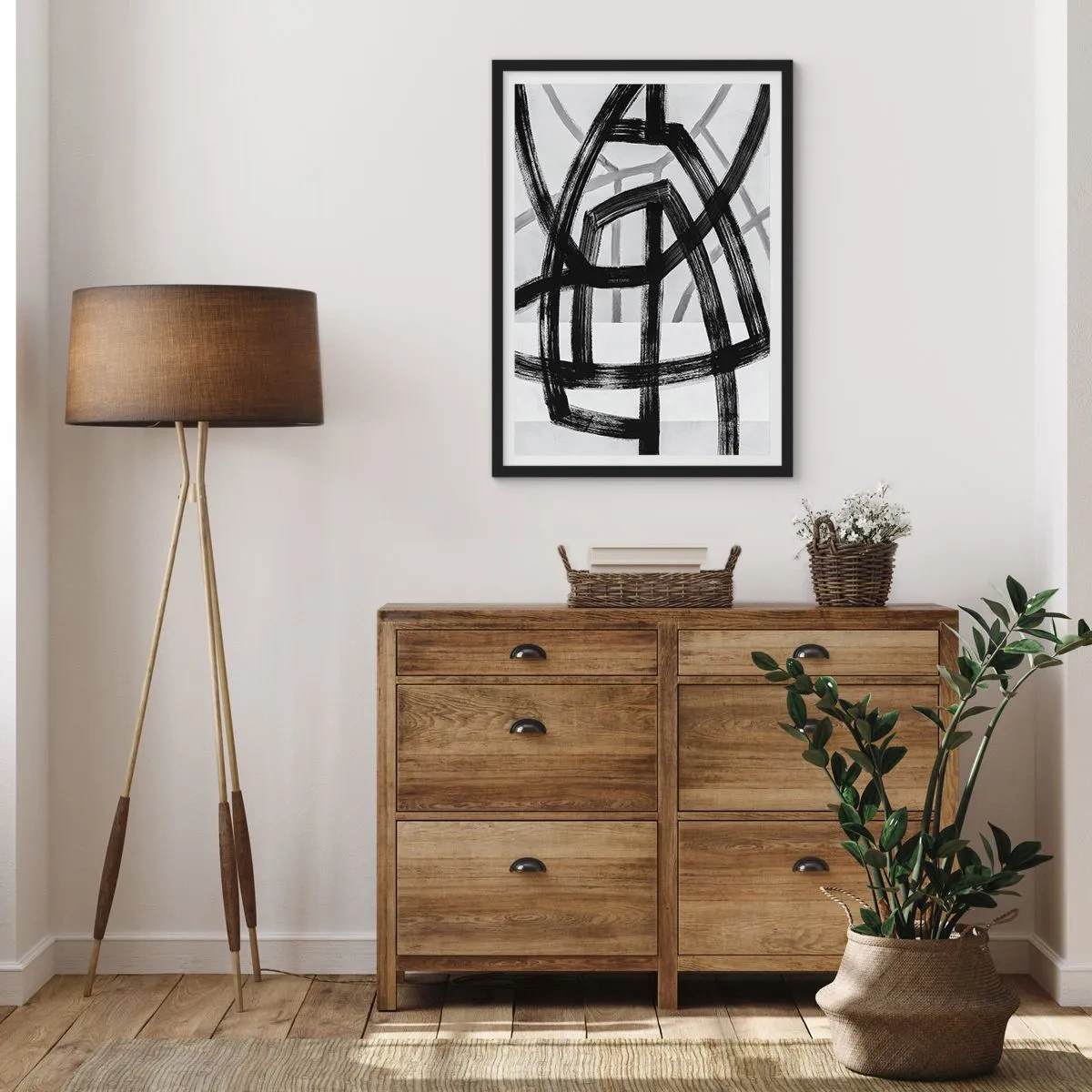 Poster in cornice nera - Linee geometriche nere su uno sfondo chiaro in una composizione astratta - 50x70cm - Costruendo la profondità - Decorazione murale moderna per soggiorno e camera da letto ARTTOR