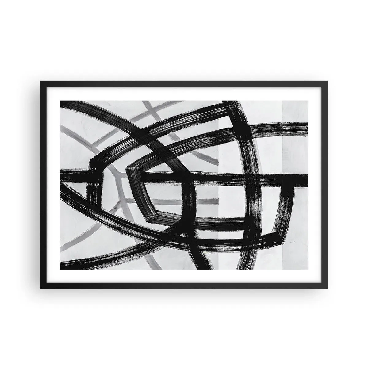 Poster in cornice nera - Linee astratte in bianco e nero che si intersecano su uno sfondo chiaro - 70x50cm - Costruendo la profondità - Decorazione murale moderna per soggiorno e camera da letto ARTTOR