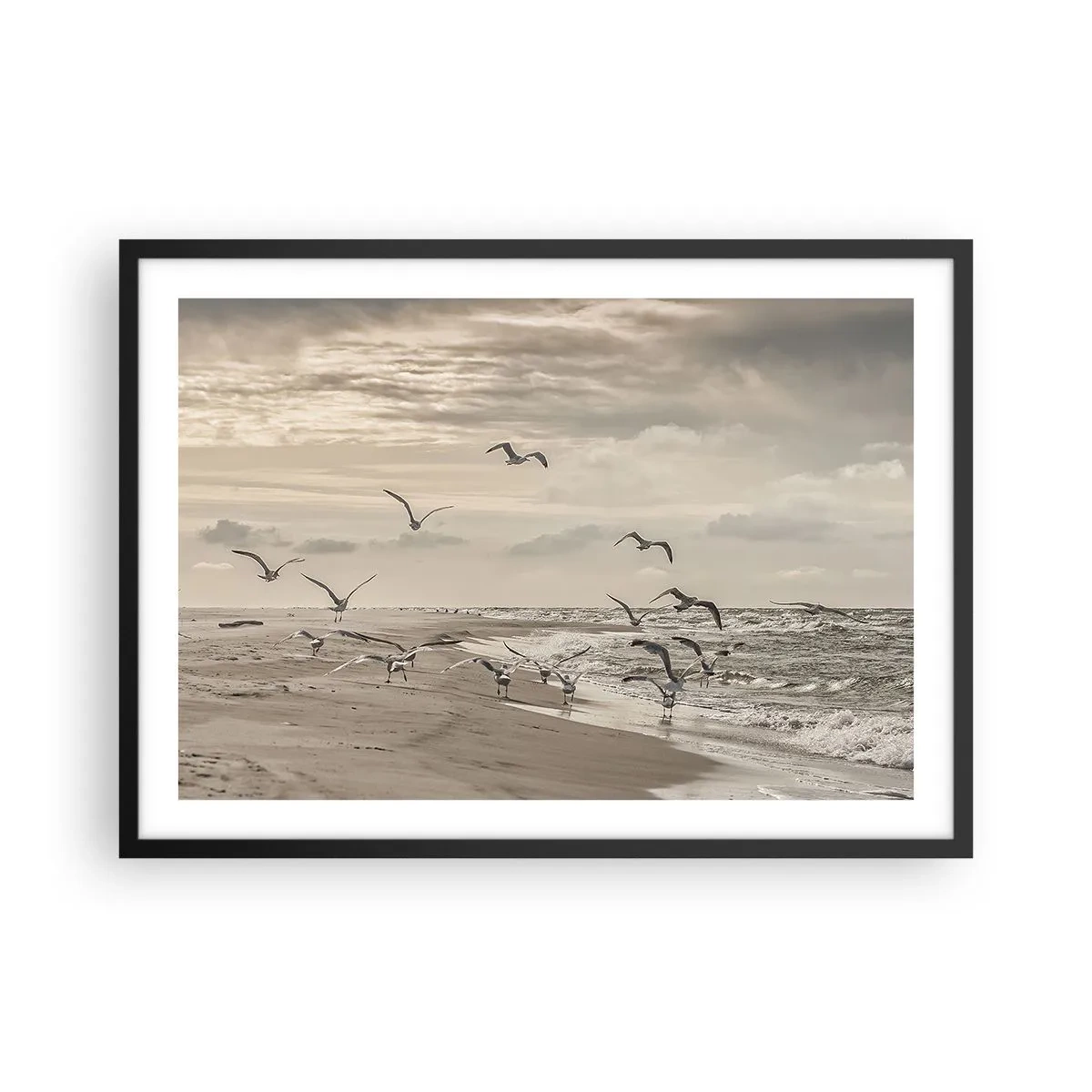 Poster in cornice nera - Un gabbiano in volo sopra un paesaggio costiero - 70x50cm - Brusio del mare, canto degli uccelli - Decorazione murale moderna per soggiorno e camera da letto ARTTOR