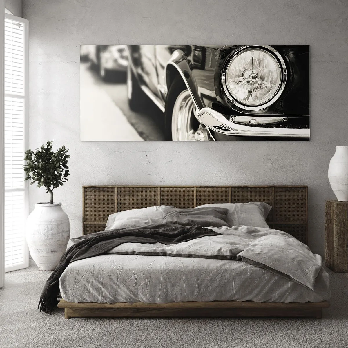 Quadro su vetro - Un'iconica auto d'epoca in elegante bianco e nero - 140x50cm - Bellezza intramontabile - Decorazione murale moderna per soggiorno e camera da letto ARTTOR