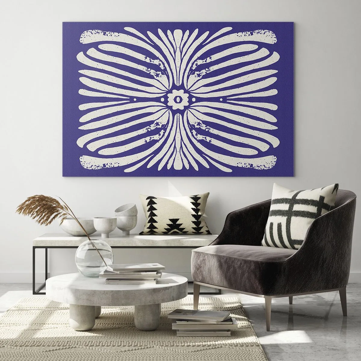 Quadro su vetro - Motivo etnico simmetrico su sfondo viola - 100x70cm - Ispirazioni etniche - Decorazione murale moderna per soggiorno e camera da letto ARTTOR