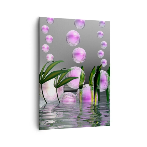 Quadro su tela - Stampe su Tela - Foglie verdi e bolle rosa sopra l'acqua su uno sfondo grigio - 50x70cm - Composizione meditativa su leggerezza e vita - Decorazione murale moderna per soggiorno e camera da letto ARTTOR
