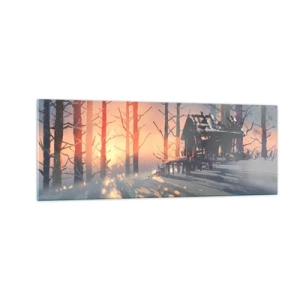 Quadro su vetro - Una casetta nel bosco in un paesaggio invernale con i raggi del sole al tramonto - 140x50cm - Qui solamente il sole osserva - Decorazione murale moderna per soggiorno e camera da letto ARTTOR