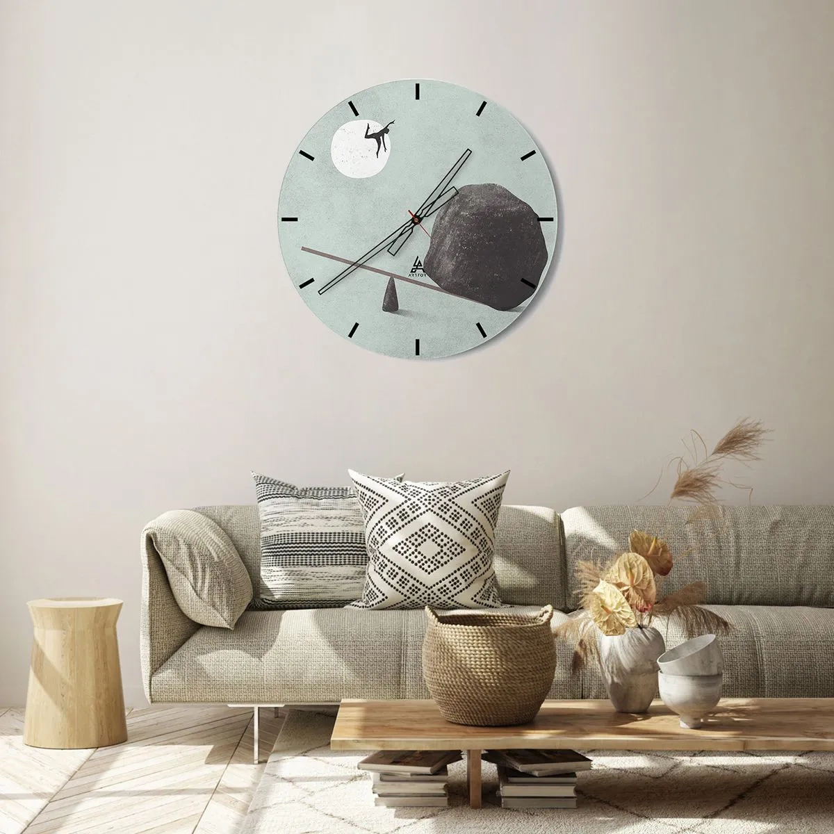 Orologio da parete - Orologio in Vetro - Un personaggio viene catapultato da un'altalena verso la luna tramite una roccia. - 30x30cm - Sogno adempiuto - Decorazione murale moderna per soggiorno, cucina e camera da letto ARTTOR