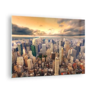 Quadro su vetro - Panorama della città con grattacieli al tramonto - 70x50cm - Metropolis dorata - Decorazione murale moderna per soggiorno e camera da letto ARTTOR