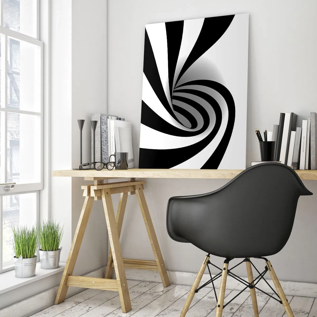Quadro su vetro - Spirale astratta in bianco e nero dalla forma dinamica - 50x70cm - Eppur si muove - Decorazione murale moderna per soggiorno e camera da letto ARTTOR
