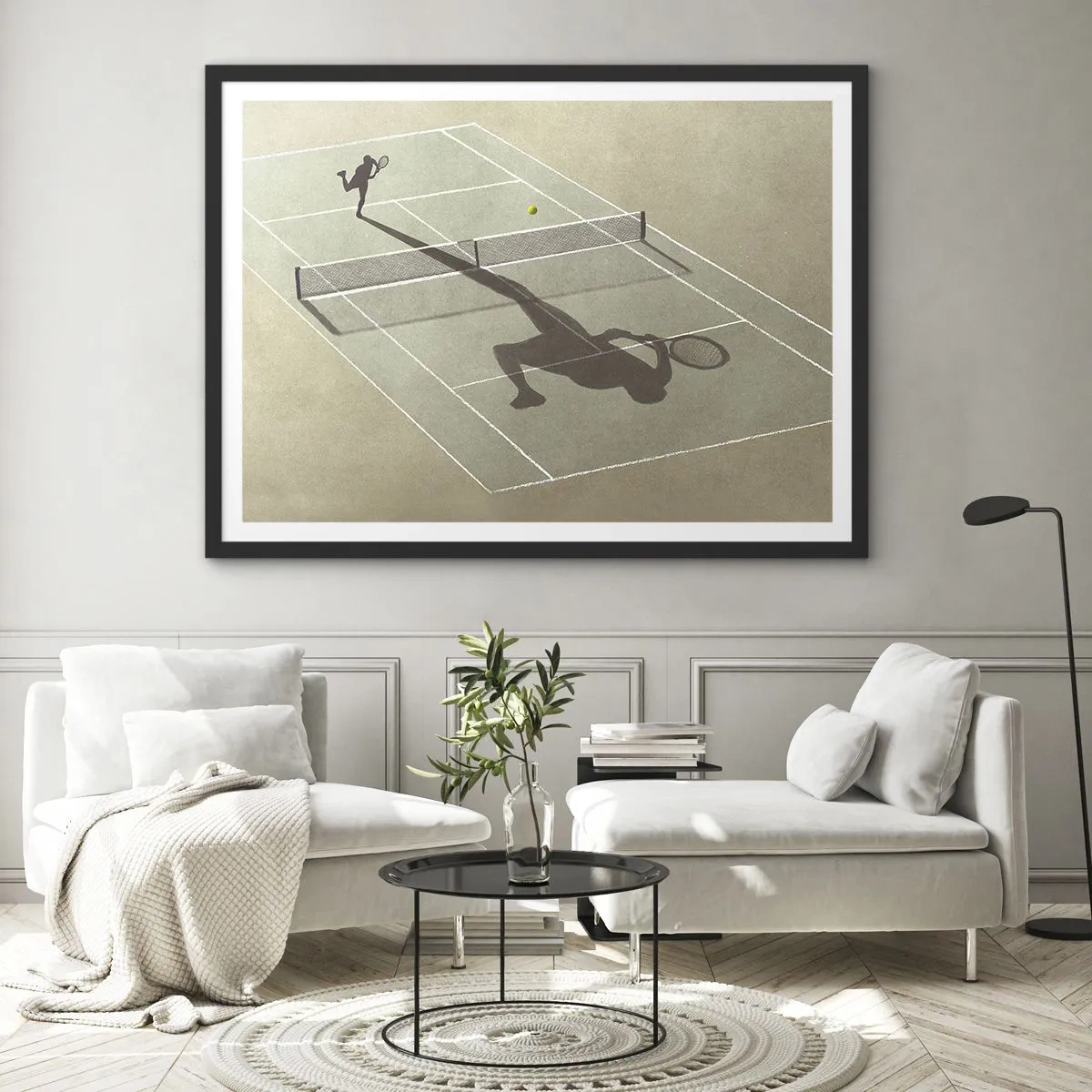 Poster in cornice nera - L'ombra di un tennista sul campo durante una partita di tennis - 100x70cm - Sconfiggere se stesso - Decorazione murale moderna per soggiorno e camera da letto ARTTOR