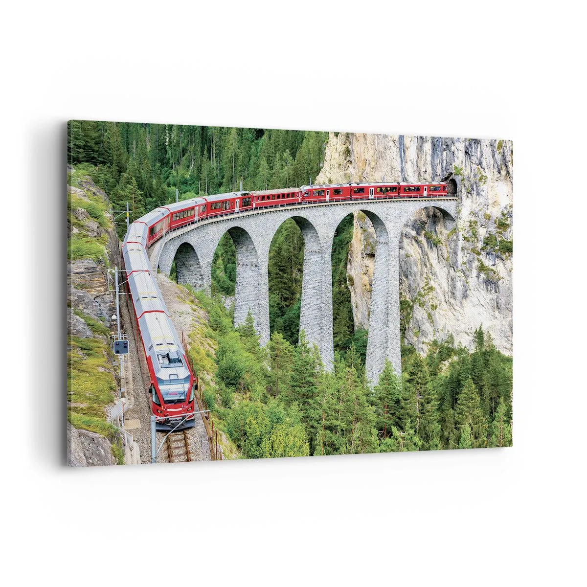 Quadro su tela - Stampe su Tela - Un treno su un pittoresco viadotto in un paesaggio montuoso - 100x70cm - Il treno tra i monti - Decorazione murale moderna per soggiorno e camera da letto ARTTOR