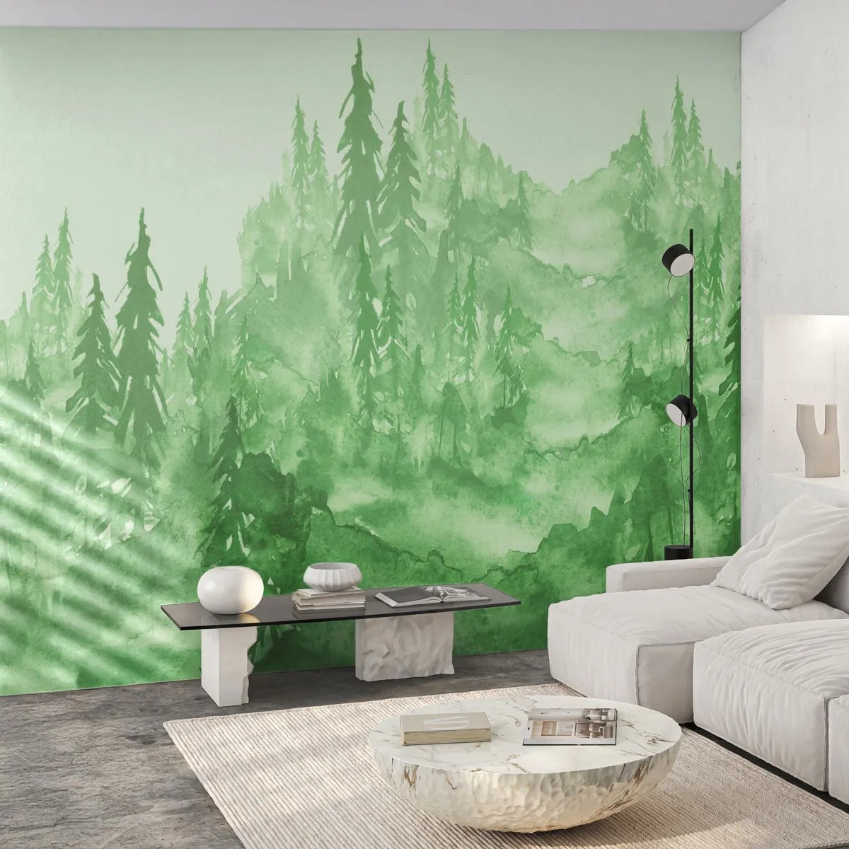 Fotomurali Standard Eco - Nebbia di foresta ad acquerello in tonalità di verde - 100x70cm - Sfocato da una nebbia verde - Decorazione murale moderna per soggiorno e camera da letto ARTTOR