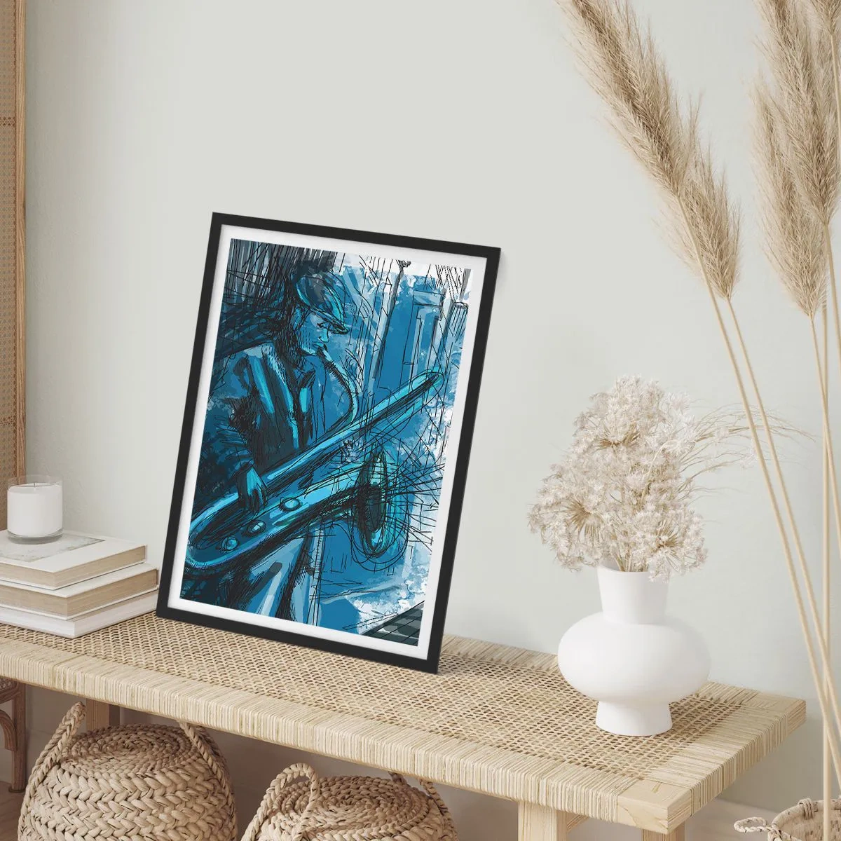 Poster in cornice nera - Schizzo artistico di un musicista che suona il sassofono - 50x70cm - Rapsodia urbana - Decorazione murale moderna per soggiorno e camera da letto ARTTOR