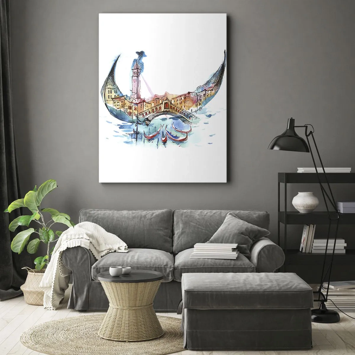 Quadro su tela - Stampe su Tela - Una composizione ad acquerello di Venezia a forma di gondola - 50x70cm - Navighiamo dentro la città - Decorazione murale moderna per soggiorno e camera da letto ARTTOR