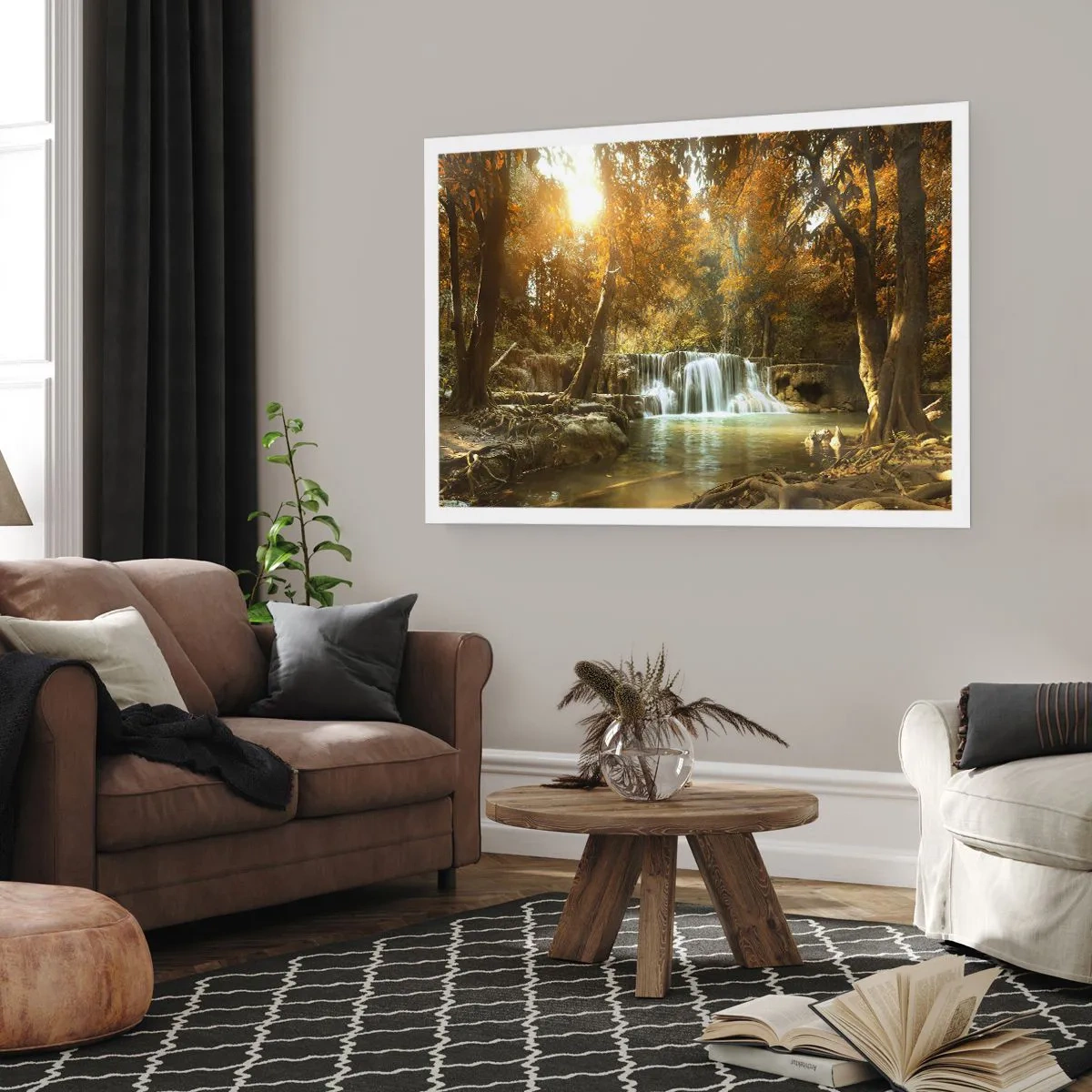 Poster - Paesaggio autunnale con cascata - 100x70cm - Cascata nel parco - Decorazione murale moderna per soggiorno e camera da letto ARTTOR