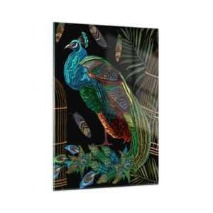 Quadro su vetro - Pavoni colorati e una gabbia su uno sfondo nero - 50x70cm - Con gli abiti reali - Decorazione murale moderna per soggiorno e camera da letto ARTTOR