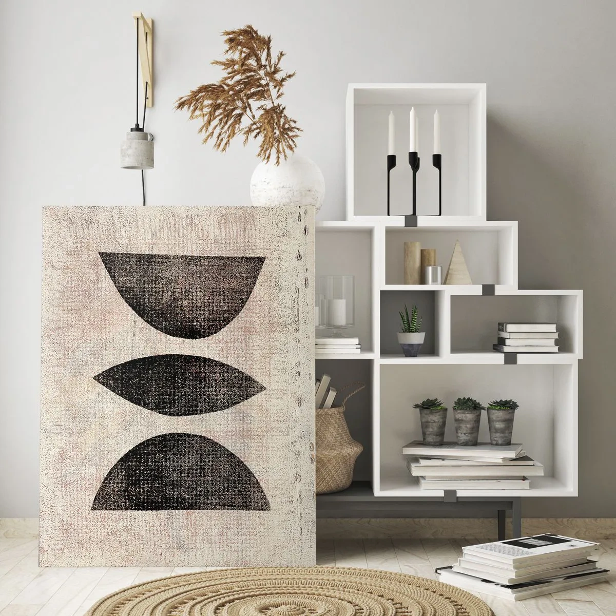 Quadro su vetro - Forme geometriche nere su sfondo beige - 50x70cm - Astrazione etnica - Decorazione murale moderna per soggiorno e camera da letto ARTTOR