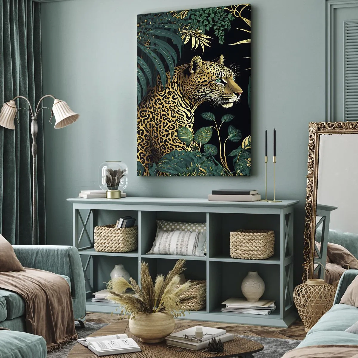 Quadro su tela - Stampe su Tela - Leopardo tra foglie tropicali su sfondo nero - 70x100cm - Il signore della giungla - Decorazione murale moderna per soggiorno e camera da letto ARTTOR