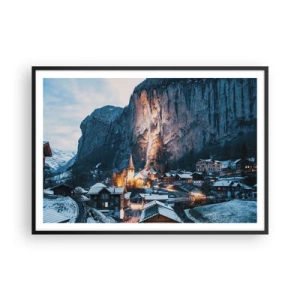 Poster in cornice nera - Un pittoresco villaggio invernale circondato dalle montagne - 100x70cm - Lo spirito luminoso dell'inverno - Decorazione murale moderna per soggiorno e camera da letto ARTTOR
