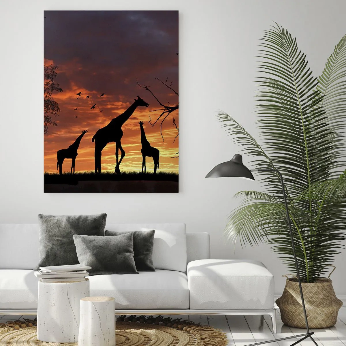 Quadro su vetro - Sagome di giraffe sullo sfondo di un tramonto in un paesaggio africano - 50x70cm - Piccola cena tra amici - Decorazione murale moderna per soggiorno e camera da letto ARTTOR