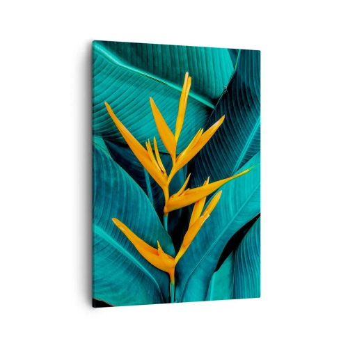 Quadro su tela - Stampe su Tela - Un fiore esotico su uno sfondo di foglie di banano in tonalità turchesi. - 50x70cm - Il fiore dell'Eden - Decorazione murale moderna per soggiorno e camera da letto ARTTOR