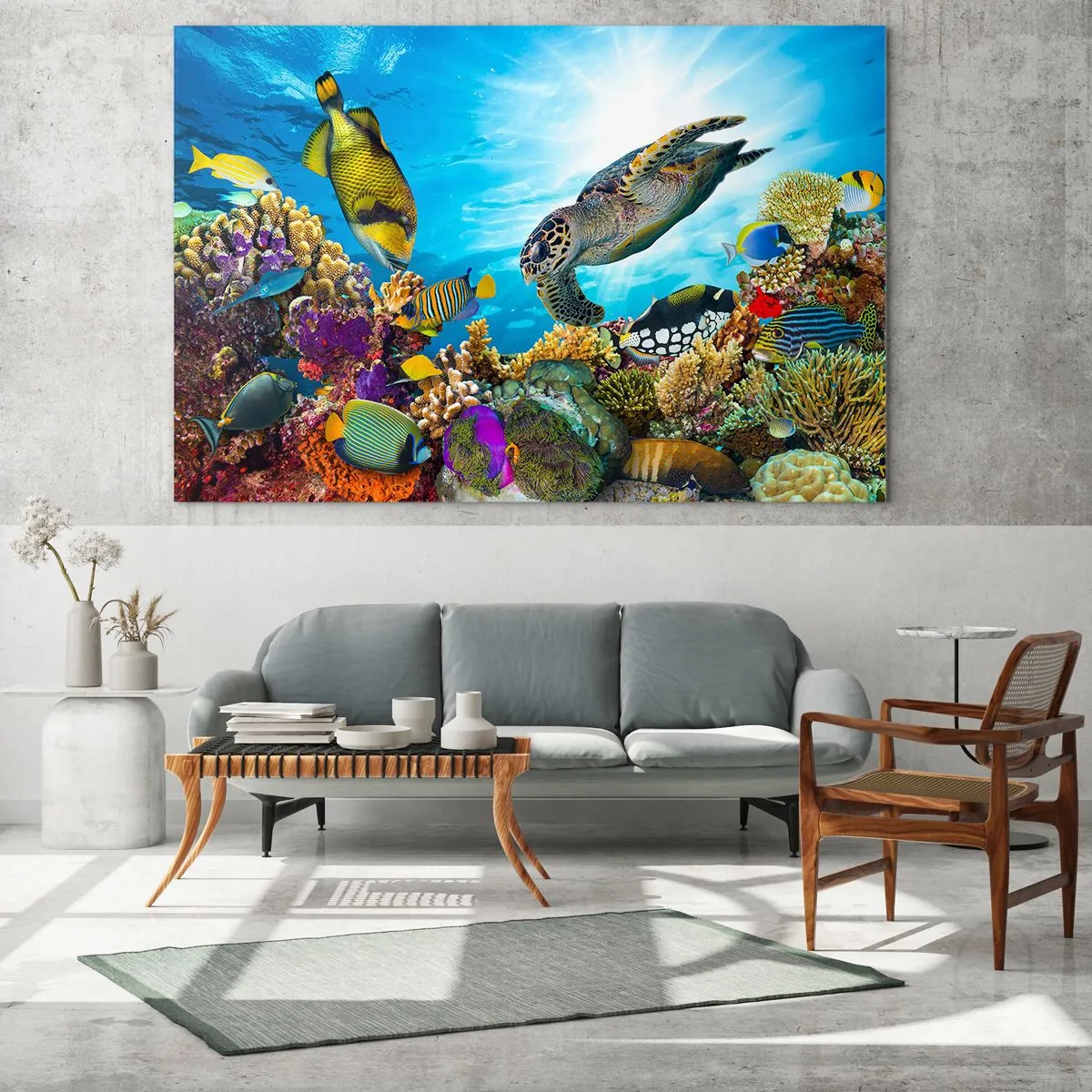 Quadro su vetro - Scena subacquea con tartarughe, pesci e coralli - 100x70cm - Passeggiata corallina - Decorazione murale moderna per soggiorno e camera da letto ARTTOR