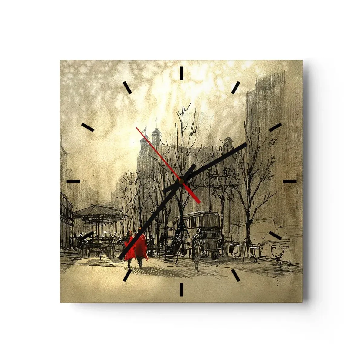 Orologio da parete - Orologio in Vetro - Una figura rossa in un nostalgico contesto urbano - 30x30cm - Appuntamento nella nebbia di Londra  - Decorazione murale moderna per soggiorno e camera da letto ARTTOR