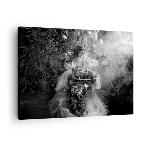 Quadro su tela - Stampe su Tela - Una composizione in bianco e nero con una figura vestita e una gabbia nella nebbia. - 70x50cm - Madre natura stessa - Decorazione murale moderna per soggiorno e camera da letto ARTTOR