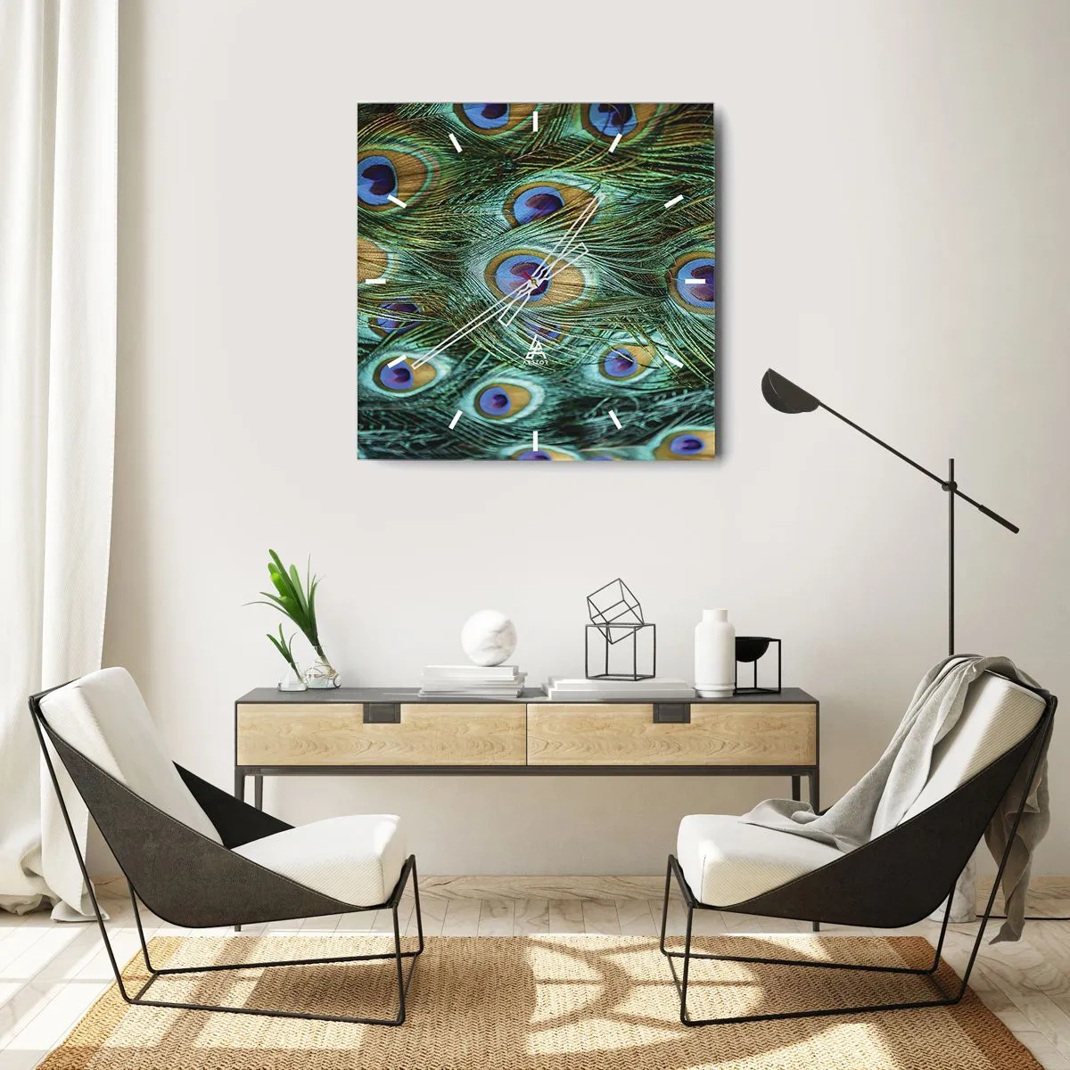 Orologio da parete - Orologio in Vetro - Dettagli di piume di pavone in colori intensi - 30x30cm - Lo sguardo del pavone - Decorazione murale moderna per soggiorno e camera da letto ARTTOR