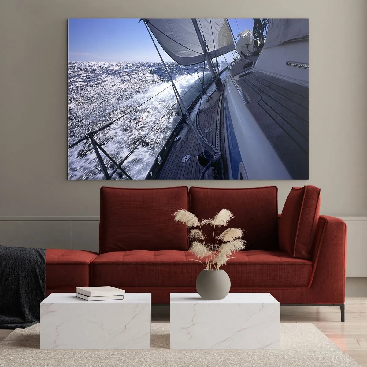 Quadro su vetro - Uno yacht che naviga in un mare in tempesta con tempo soleggiato - 120x80cm - So cosa vuol dire volare - Decorazione murale moderna per soggiorno e camera da letto ARTTOR