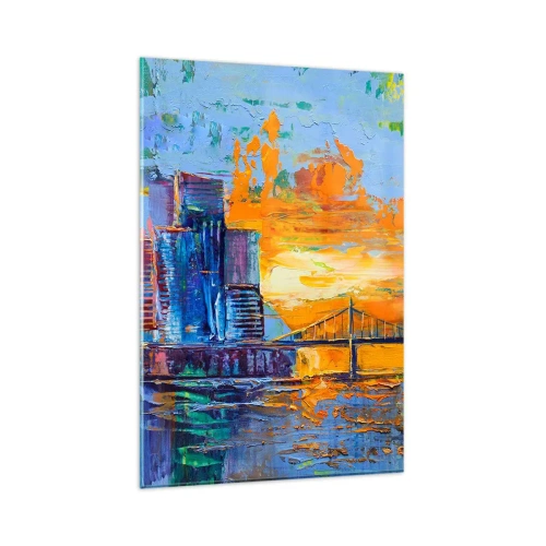 Quadro su vetro - Una città colorata con un ponte al tramonto - 80x120cm - Cultura e natura - Decorazione murale moderna per soggiorno e camera da letto ARTTOR