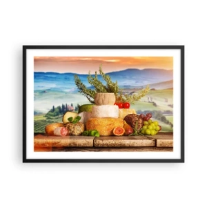 Poster in cornice nera - Una composizione di formaggi e frutta sullo sfondo del paesaggio toscano - 70x50cm - La gioia italiana della vita - Decorazione murale moderna per soggiorno e camera da letto ARTTOR