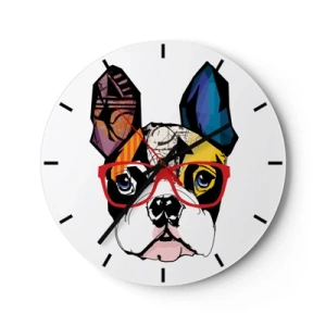 Orologio da parete - Orologio in Vetro - Disegno colorato di un cane con gli occhiali su sfondo bianco - 30x30cm - Intellettuale - Decorazione murale moderna per soggiorno, cucina e camera da letto ARTTOR