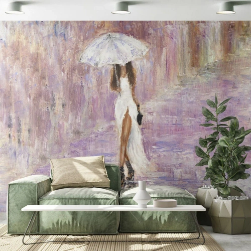 Fotomurali Autoadesivo Deluxe Sticker - Nella pioggia lilla - Donna, Moda, Camminare sotto la pioggia - 450x315 cm