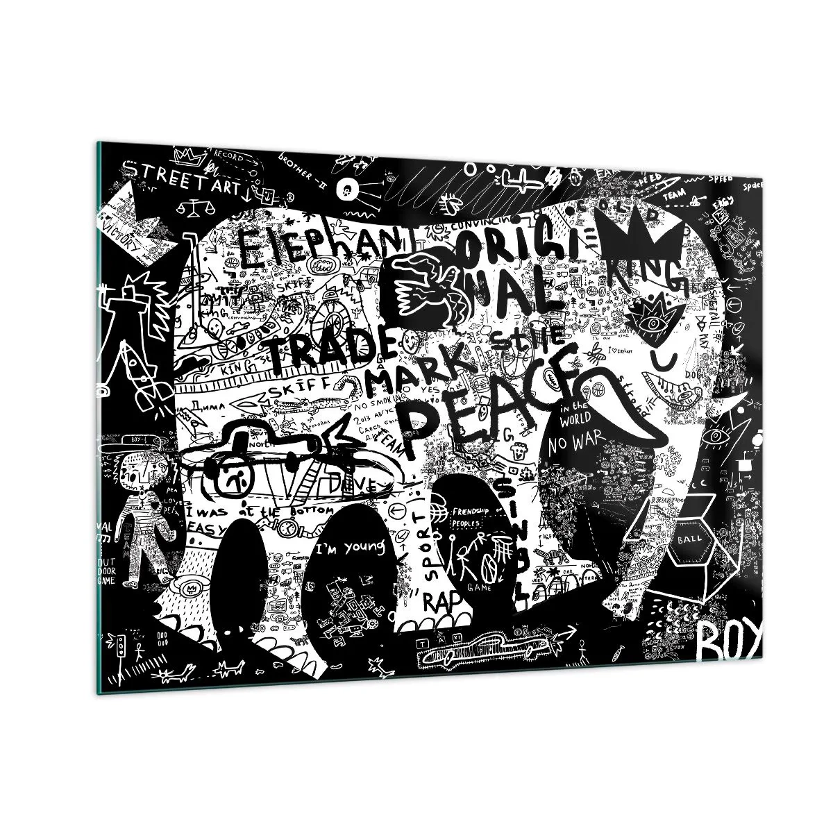 Quadro su vetro - Immagine di graffiti in bianco e nero con temi di pace e libertà - 100x70cm - Il ricco mondo della strada - Decorazione murale moderna per soggiorno e camera da letto ARTTOR