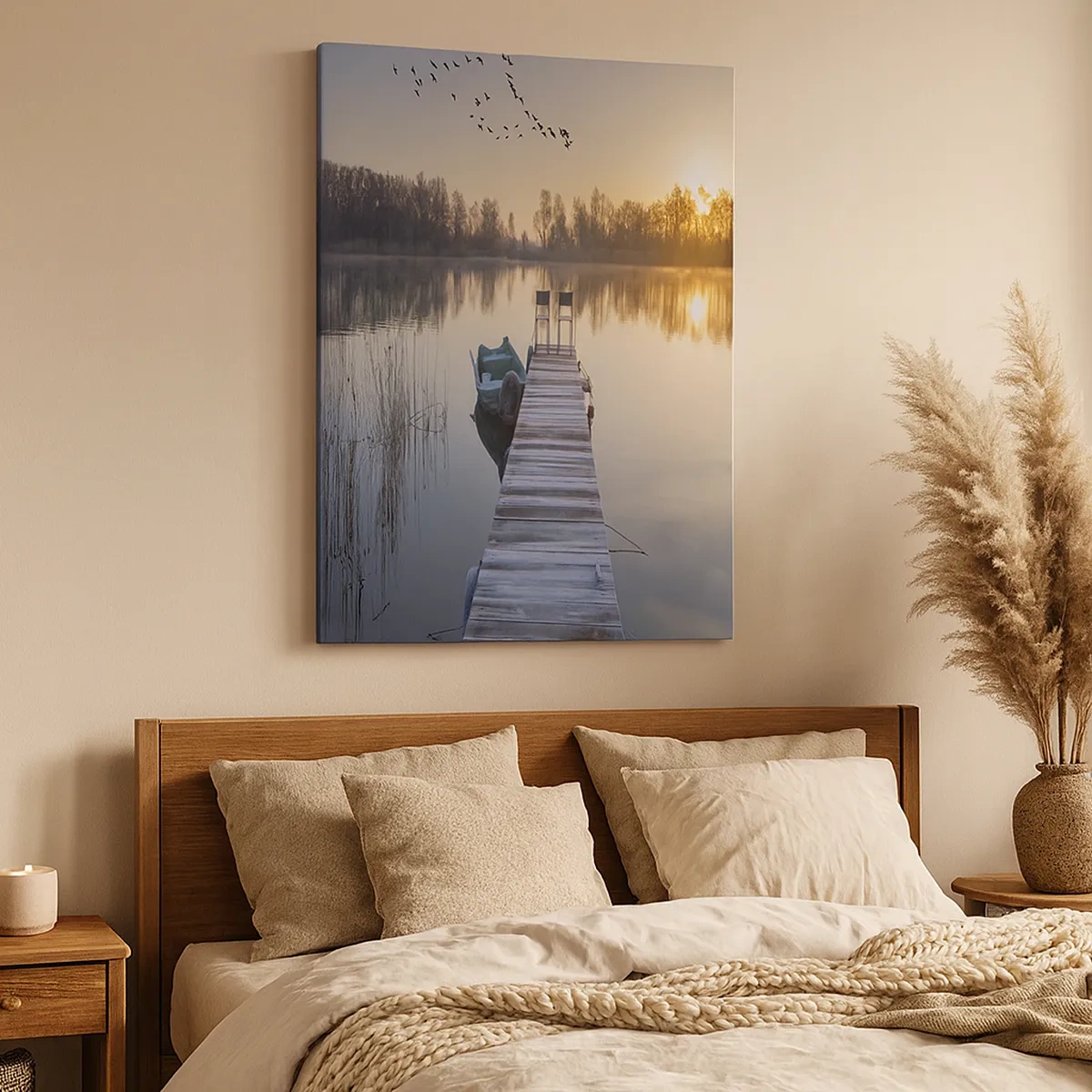 Quadro su tela - Stampe su Tela - Un molo sul lago al mattino con una barca e delle sedie - 50x70cm - Tornerò un giorno - Decorazione murale moderna per soggiorno e camera da letto ARTTOR