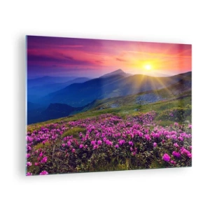 Quadro su vetro - Prati fioriti in montagna all'alba - 70x50cm - Odore di mugo e profumo di erbe - Decorazione murale moderna per soggiorno e camera da letto ARTTOR