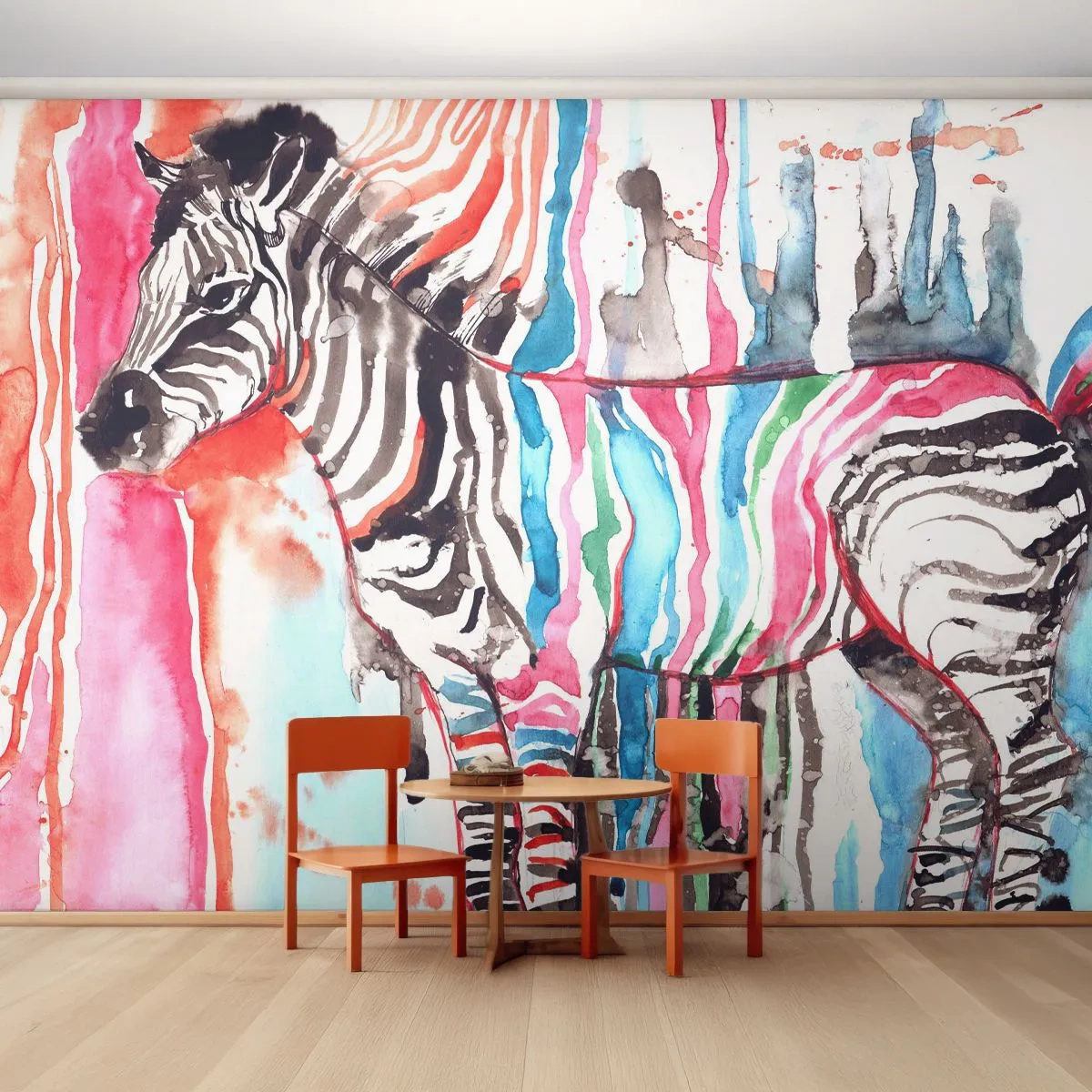 Fotomurali Premium Sand - Una zebra colorata in uno stile artistico acquerello - 100x70cm - Uno scherzo spensierato della natura - Decorazione murale moderna per soggiorno e camera da letto ARTTOR