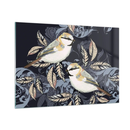 Quadro su vetro - Illustrazione di due uccelli su uno sfondo scuro con ornamenti - 100x70cm - Cinguettio oro e blu - Decorazione murale moderna per soggiorno e camera da letto ARTTOR