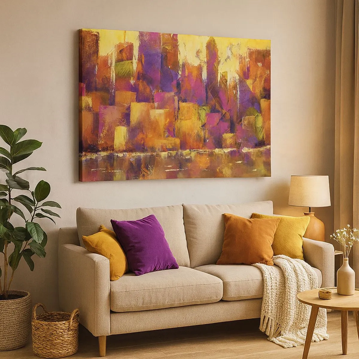 Quadro su tela - Stampe su Tela - Composizione astratta di una metropoli nei toni del giallo e del viola - 70x50cm - Composizione metropolitana - Decorazione murale moderna per soggiorno e camera da letto ARTTOR