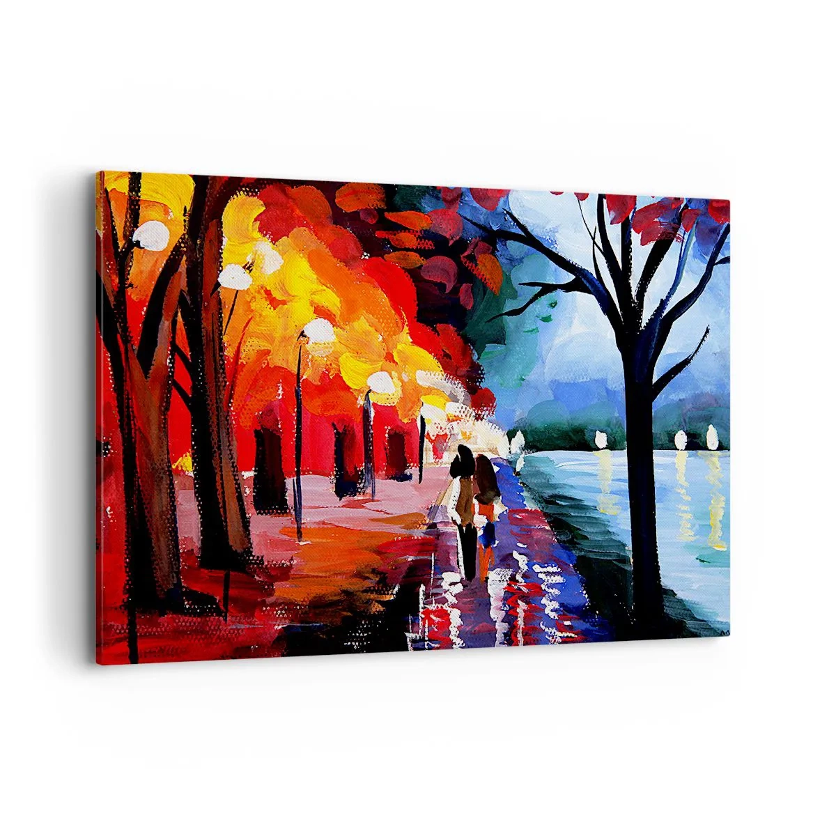 Quadro su tela - Stampe su Tela - Una passeggiata autunnale lungo il sentiero che domina l'acqua - 120x80cm - Autunno infuocato nel parco - Decorazione murale moderna per soggiorno e camera da letto ARTTOR