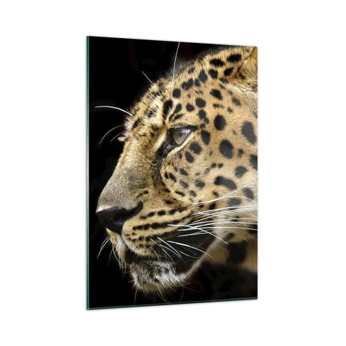 Quadro su vetro - Profilo di un leopardo su sfondo nero - 50x70cm - Calmo, concentrato, pronto - Decorazione murale moderna per soggiorno e camera da letto ARTTOR