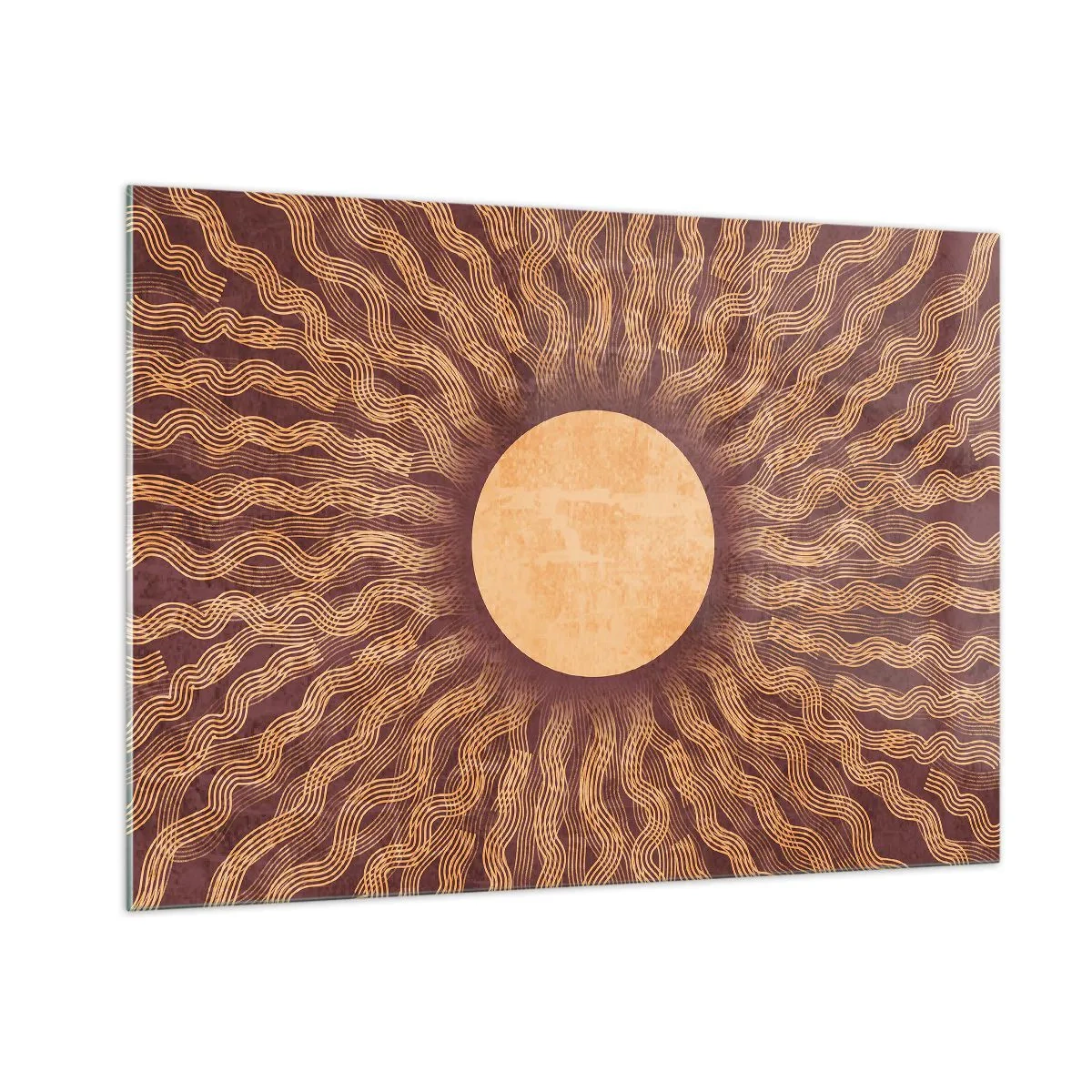 Quadro su vetro - Un sole stilizzato con raggi a forma di linee ondulate su uno sfondo marrone. - 100x70cm - L'icona del sole - Decorazione murale moderna per soggiorno e camera da letto ARTTOR