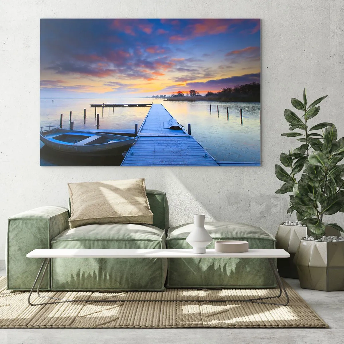 Quadro su vetro - Un molo sul lago all'alba circondato dalla natura pacifica - 100x70cm - Tranquillità violacea e dorata - Decorazione murale moderna per soggiorno e camera da letto ARTTOR