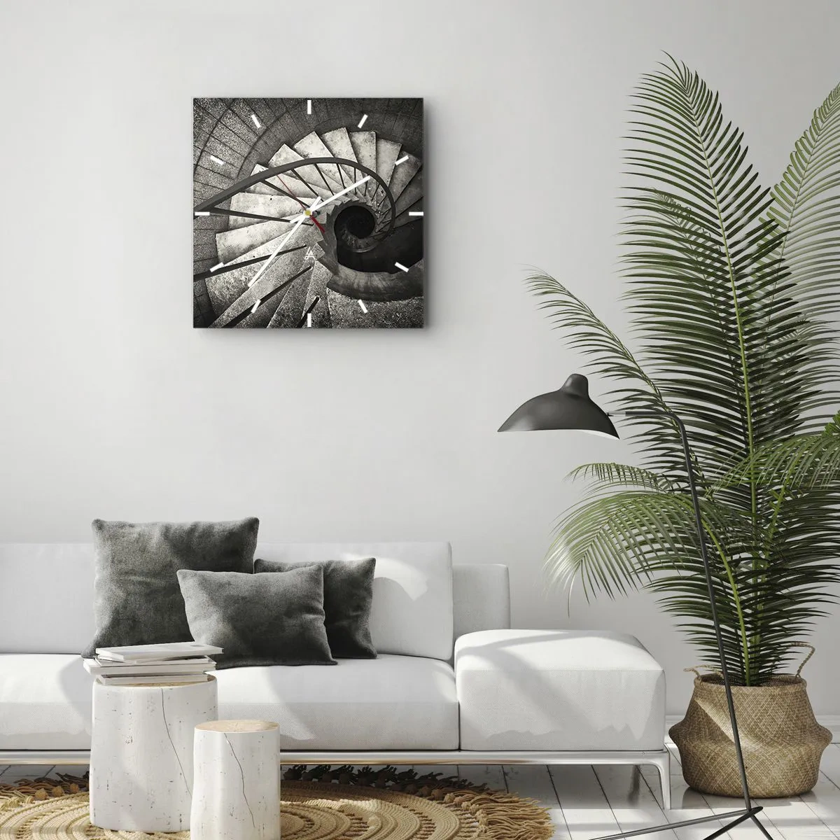 Orologio da parete - Orologio in Vetro - Scala a chiocciola bianca e nera in stile moderno - 30x30cm - Salire e scendere - Decorazione murale moderna per soggiorno e camera da letto ARTTOR