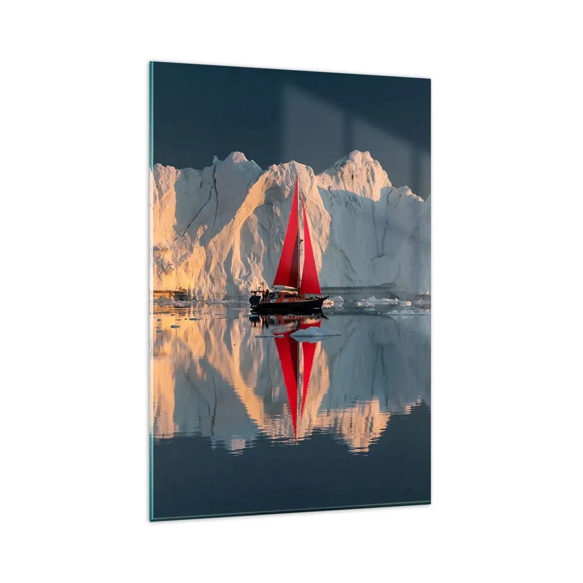 Quadro su vetro - Una barca a vela con una vela rossa sullo sfondo di un ghiacciaio - 80x120cm - Ai confini del mondo - Decorazione murale moderna per soggiorno e camera da letto ARTTOR