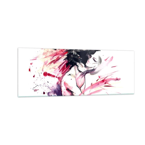 Quadro su vetro - Ritratto astratto di una donna con accenti rossi dinamici - 140x50cm - La pienezza dell'amore - Decorazione murale moderna per soggiorno e camera da letto ARTTOR