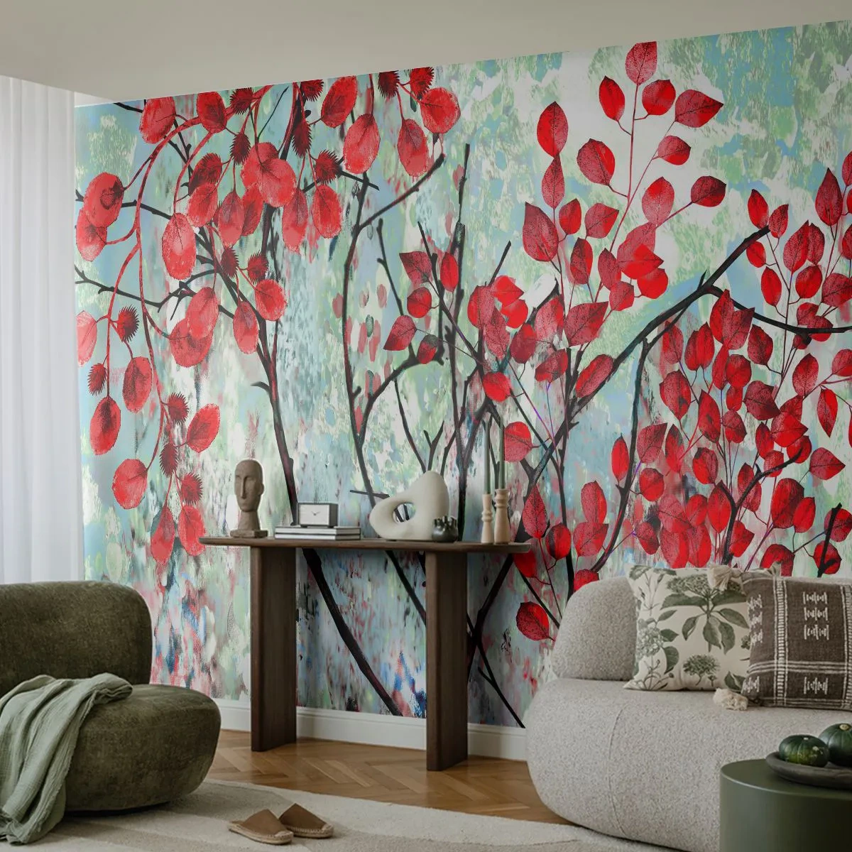 Fotomurali Standard Eco - Albero in scarlatto - Astrazione, Foglie Rosse, Ramo - 350x256 cm