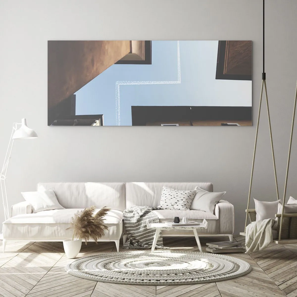 Quadro su vetro - Vista dell'aereo e della sua scia nel cielo da una prospettiva stradale - 160x50cm - Sopra il labirinto urbano - Decorazione murale moderna per soggiorno e camera da letto ARTTOR
