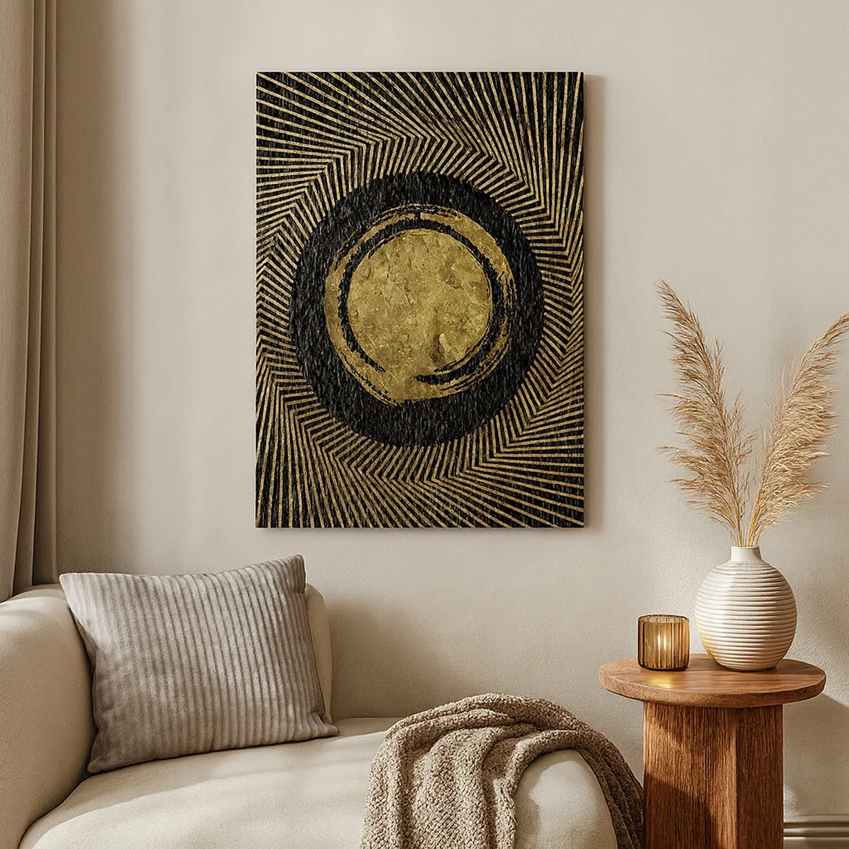 Quadro su tela - Stampe su Tela - Composizione geometrica in nero e oro con raggi - 50x70cm - Composizione glamour - Decorazione murale moderna per soggiorno e camera da letto ARTTOR